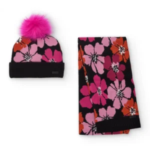 TUC TUC παιδικό σετ σκουφί & κασκόλ με φλοράλ μοτίβο και pom pom – Φούξια - Image 1