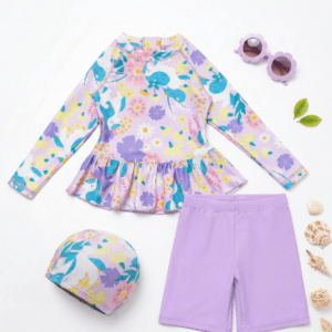 Παιδικό Μαγιό Σετ Μακρυμάνικο με Σορτσάκι & Καπελάκι Floral - Image 1