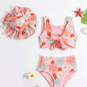 Παιδικό Μαγιό Διπλής Όψης Μπικίνι με Φιόγκο & Καπελάκι Floral - Image 1